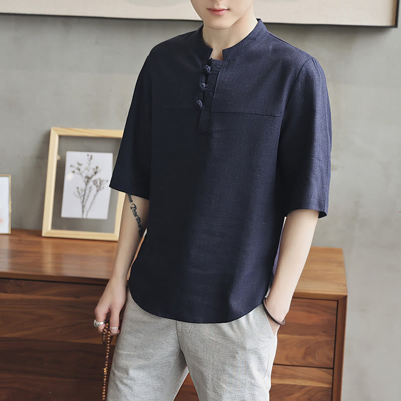 Buddha Stones Casual Half Sleeve Shirt Cotton Linen Men Clothing