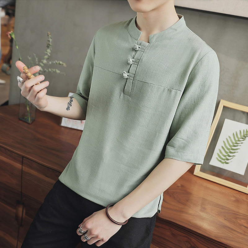 Buddha Stones Casual Half Sleeve Shirt Cotton Linen Men Clothing