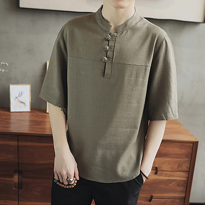 Buddha Stones Casual Half Sleeve Shirt Cotton Linen Men Clothing