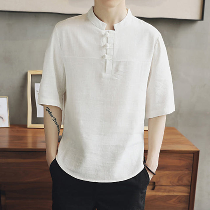 Buddha Stones Casual Half Sleeve Shirt Cotton Linen Men Clothing