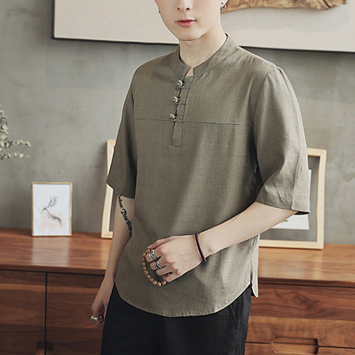 Buddha Stones Casual Half Sleeve Shirt Cotton Linen Men Clothing