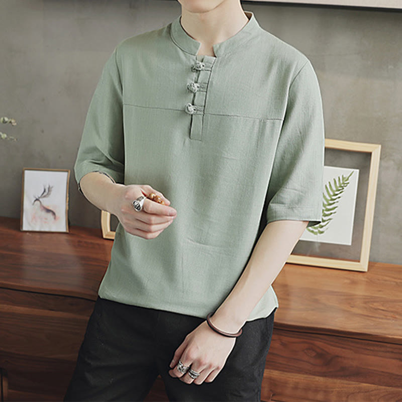 Buddha Stones Casual Half Sleeve Shirt Cotton Linen Men Clothing