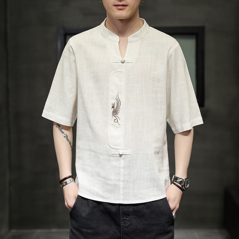 Buddha Stones Frog-Button Phoenix Embroidery Chinese Tang Suit Short Sleeve Shirt Cotton Linen Men Clothing - image 2