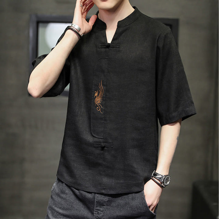 Buddha Stones Frog-Button Phoenix Embroidery Chinese Tang Suit Short Sleeve Shirt Cotton Linen Men Clothing - image 22