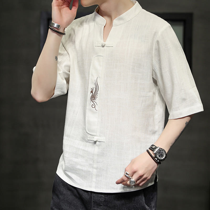 Buddha Stones Frog-Button Phoenix Embroidery Chinese Tang Suit Short Sleeve Shirt Cotton Linen Men Clothing - image 7