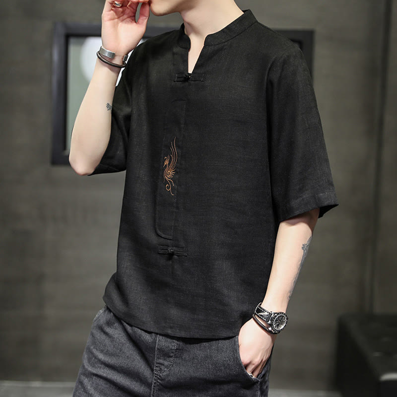 Buddha Stones Frog-Button Phoenix Embroidery Chinese Tang Suit Short Sleeve Shirt Cotton Linen Men Clothing - image 21