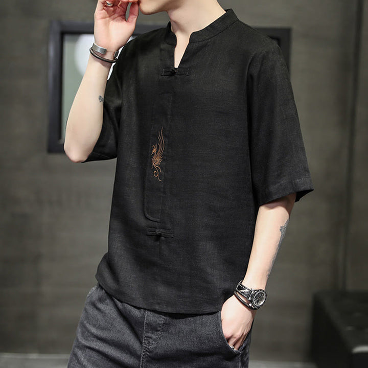 Buddha Stones Frog-Button Phoenix Embroidery Chinese Tang Suit Short Sleeve Shirt Cotton Linen Men Clothing - image 21