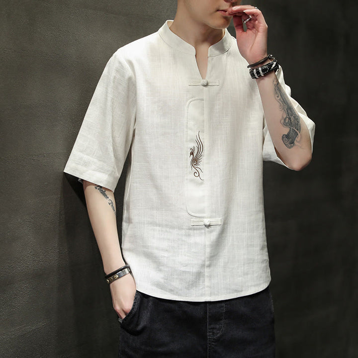 Buddha Stones Frog-Button Phoenix Embroidery Chinese Tang Suit Short Sleeve Shirt Cotton Linen Men Clothing