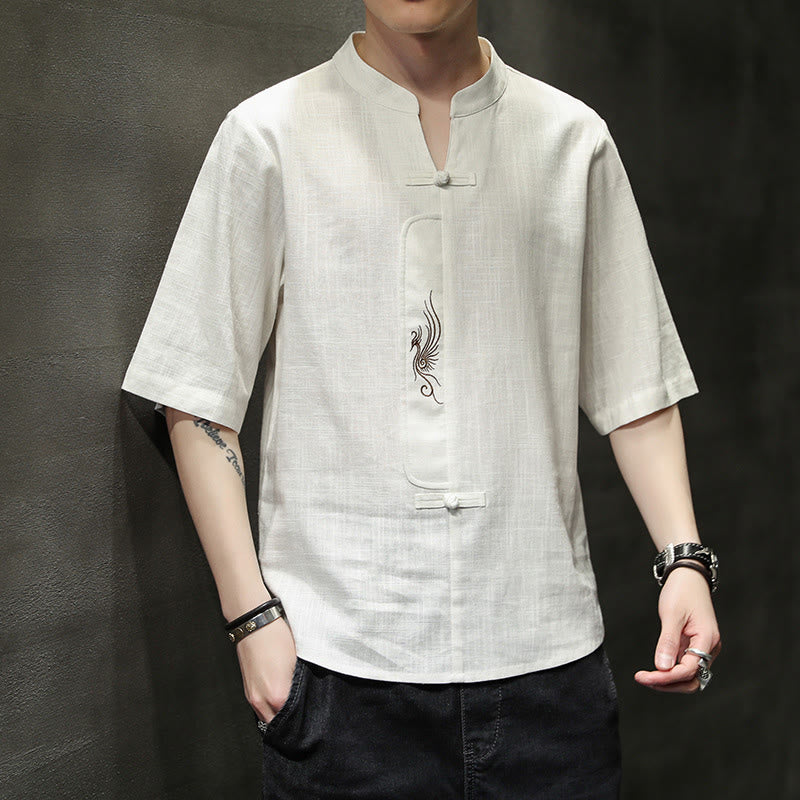 Buddha Stones Frog-Button Phoenix Embroidery Chinese Tang Suit Short Sleeve Shirt Cotton Linen Men Clothing - Snow - US/UK/AU46，EU56 (5XL) - image 1