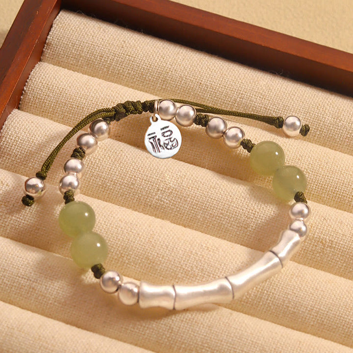 Buddha Stones 925 Sterling Silver Natural Jade Fu Character Bamboo Abundance Bracelet - Jade(Wrist Circumference14-19cm)  - image 0