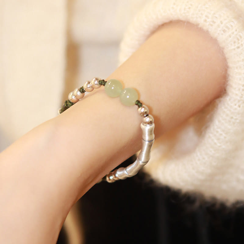 Buddha Stones 925 Sterling Silver Natural Jade Fu Character Bamboo Abundance Bracelet - image 8
