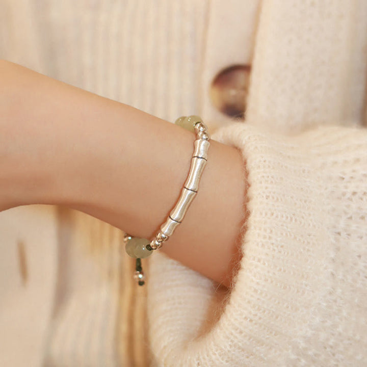 Buddha Stones 925 Sterling Silver Natural Jade Fu Character Bamboo Abundance Bracelet - image 14