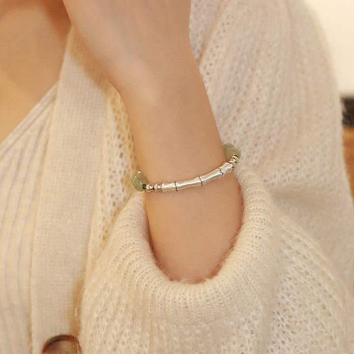 Buddha Stones 925 Sterling Silver Natural Jade Fu Character Bamboo Abundance Bracelet - image 12