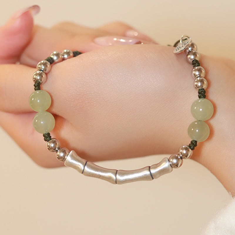 Buddha Stones 925 Sterling Silver Natural Jade Fu Character Bamboo Abundance Bracelet