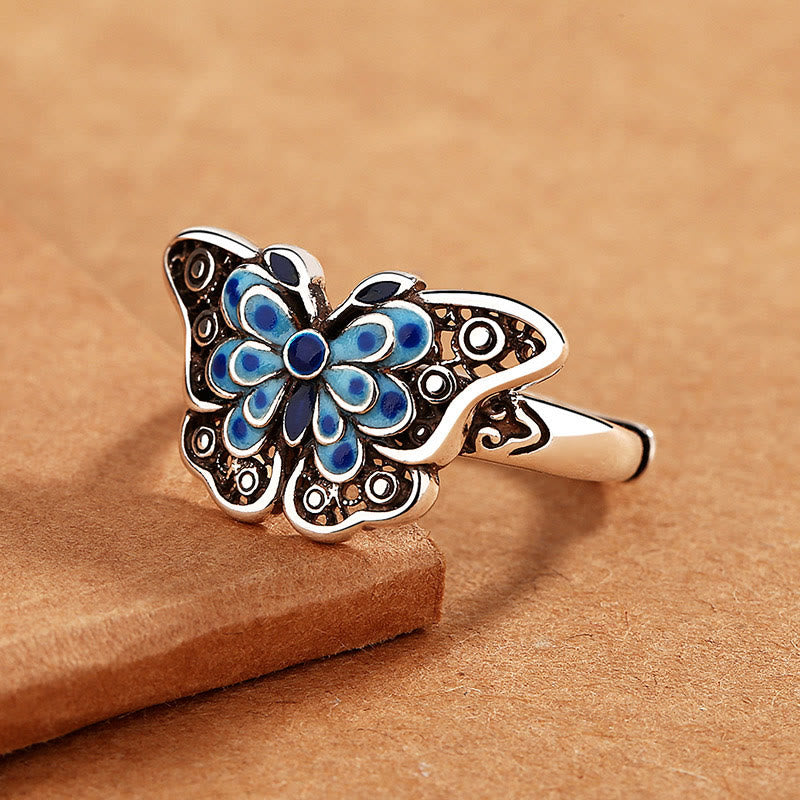 Buddha Stones Hollow Enamel Blue Butterfly Pattern Love Ring