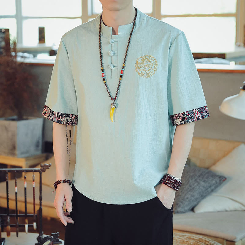 Buddha Stones Frog-Button Dragon Embroidery Chinese Tang Suit Short Sleeve Shirt Linen Men Clothing