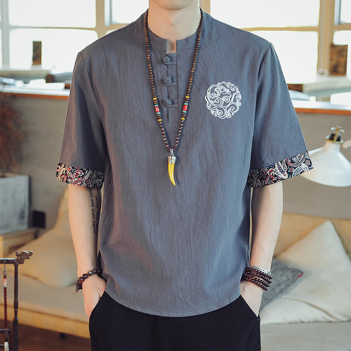 Buddha Stones Frog-Button Dragon Embroidery Chinese Tang Suit Short Sleeve Shirt Linen Men Clothing