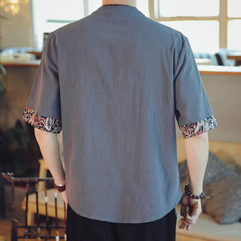 Buddha Stones Frog-Button Dragon Embroidery Chinese Tang Suit Short Sleeve Shirt Linen Men Clothing