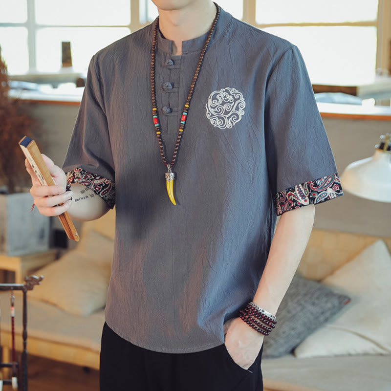 Buddha Stones Frog-Button Dragon Embroidery Chinese Tang Suit Short Sleeve Shirt Linen Men Clothing