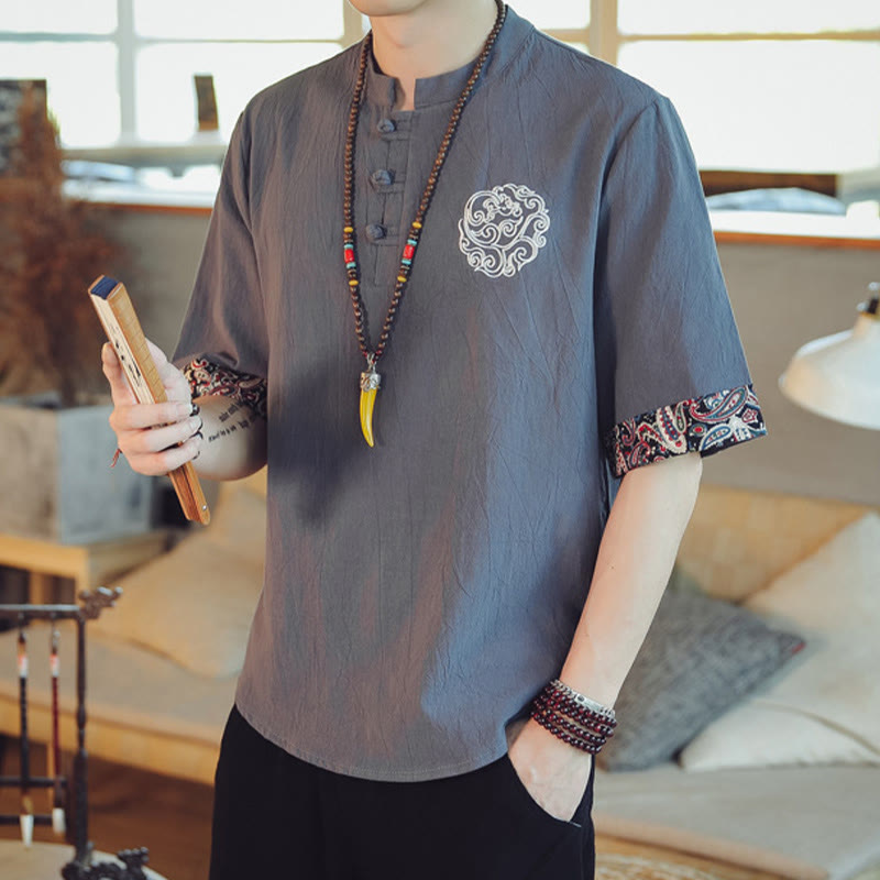 Buddha Stones Frog-Button Dragon Embroidery Chinese Tang Suit Short Sleeve Shirt Linen Men Clothing