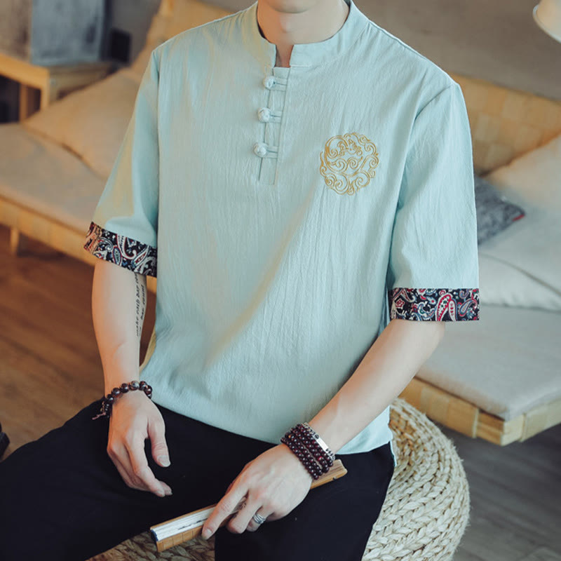 Buddha Stones Frog-Button Dragon Embroidery Chinese Tang Suit Short Sleeve Shirt Linen Men Clothing