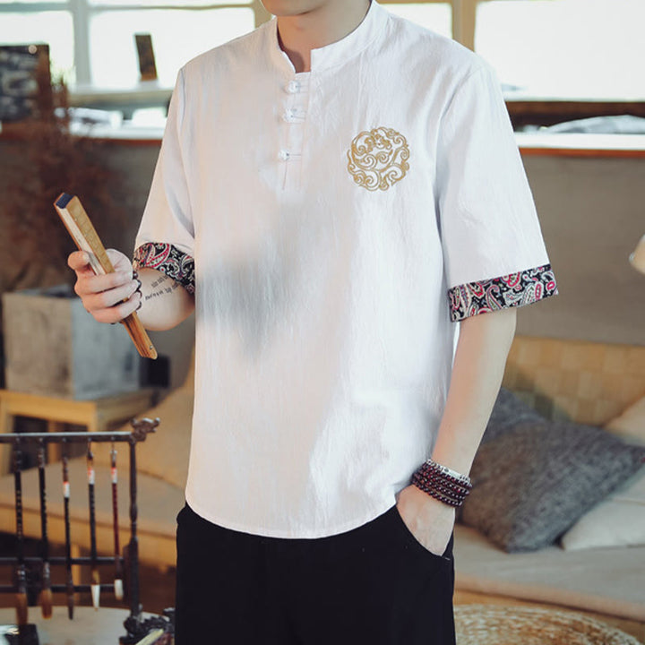 Buddha Stones Frog-Button Dragon Embroidery Chinese Tang Suit Short Sleeve Shirt Linen Men Clothing - image 20