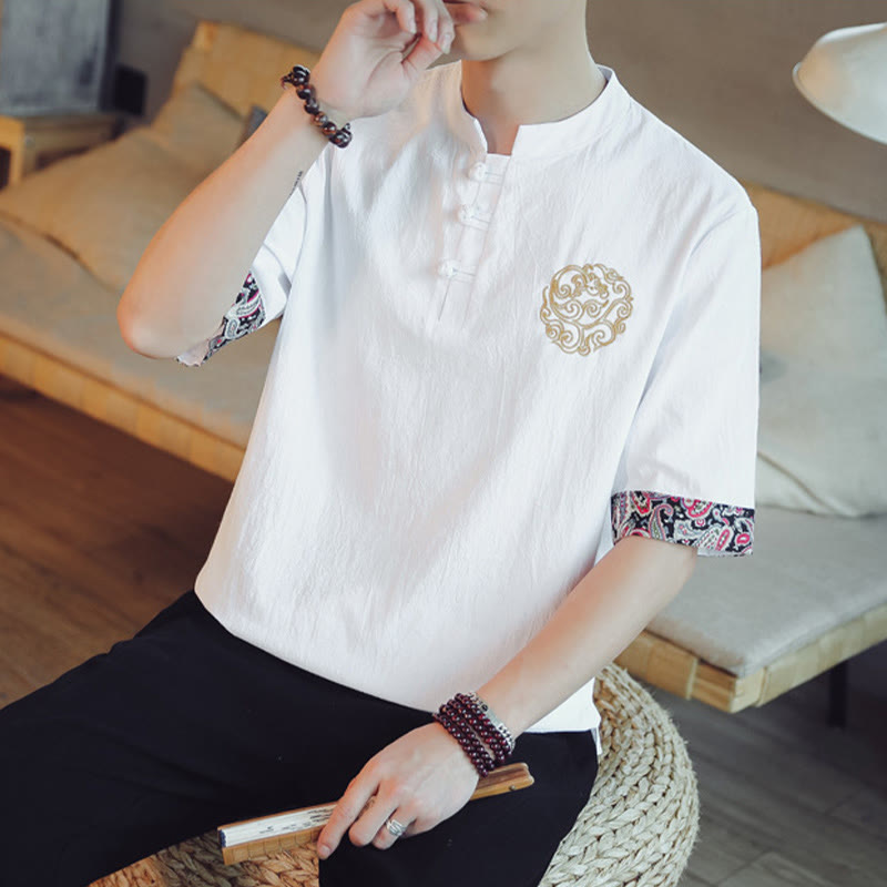 Buddha Stones Frog-Button Dragon Embroidery Chinese Tang Suit Short Sleeve Shirt Linen Men Clothing - image 23