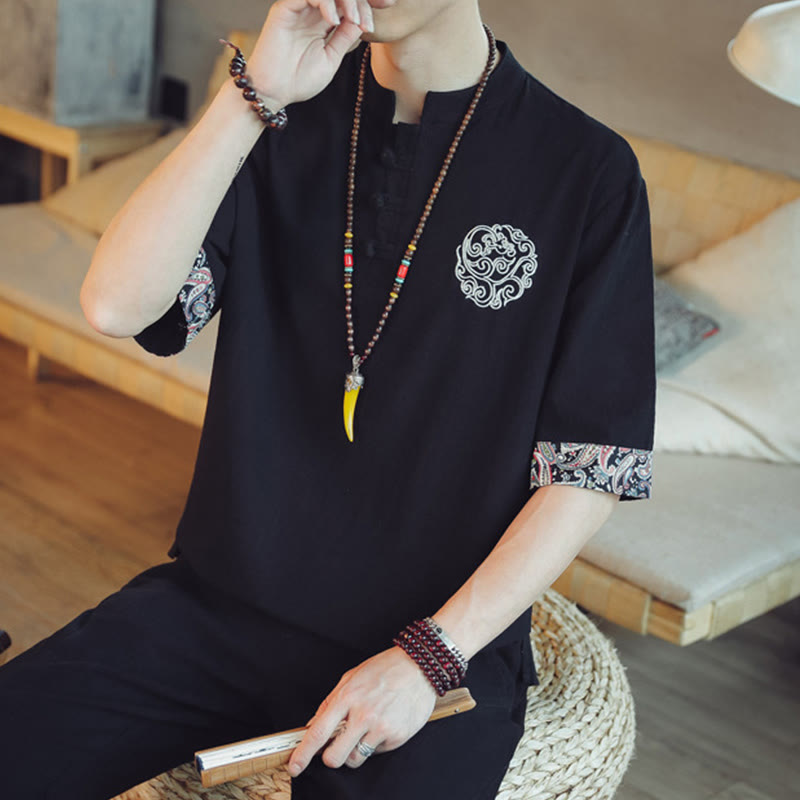 Buddha Stones Frog-Button Dragon Embroidery Chinese Tang Suit Short Sleeve Shirt Linen Men Clothing