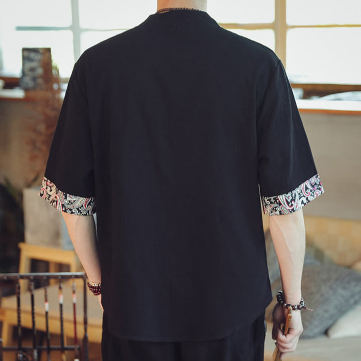 Buddha Stones Frog-Button Dragon Embroidery Chinese Tang Suit Short Sleeve Shirt Linen Men Clothing