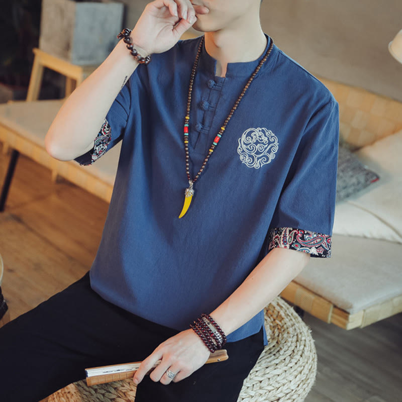 Buddha Stones Frog-Button Dragon Embroidery Chinese Tang Suit Short Sleeve Shirt Linen Men Clothing