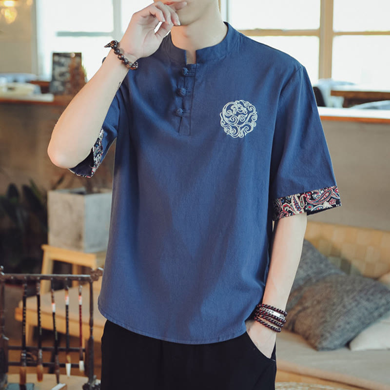 Buddha Stones Frog-Button Dragon Embroidery Chinese Tang Suit Short Sleeve Shirt Linen Men Clothing