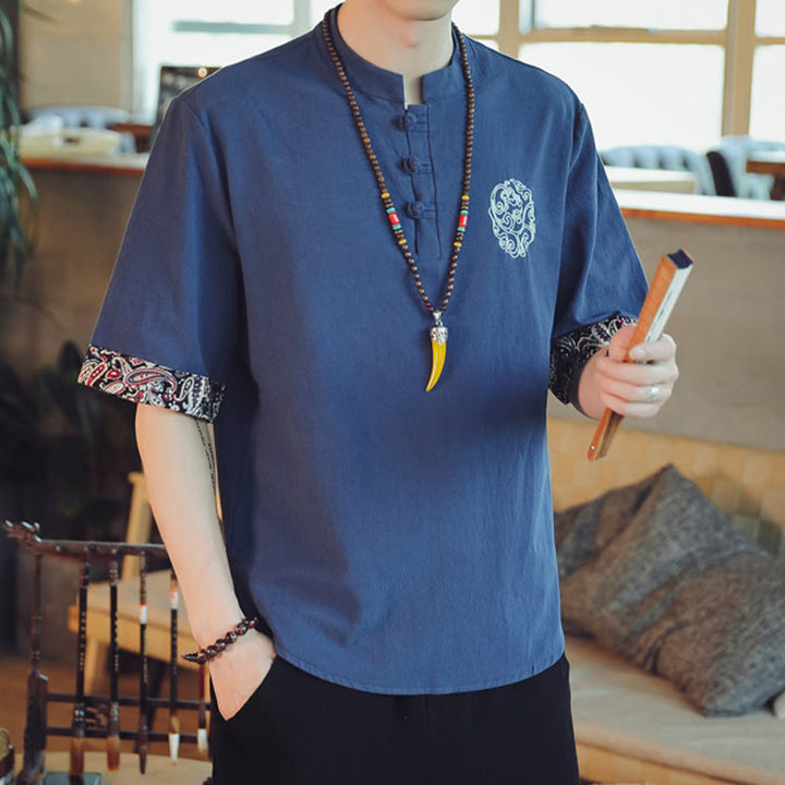 Buddha Stones Frog-Button Dragon Embroidery Chinese Tang Suit Short Sleeve Shirt Linen Men Clothing - image 37