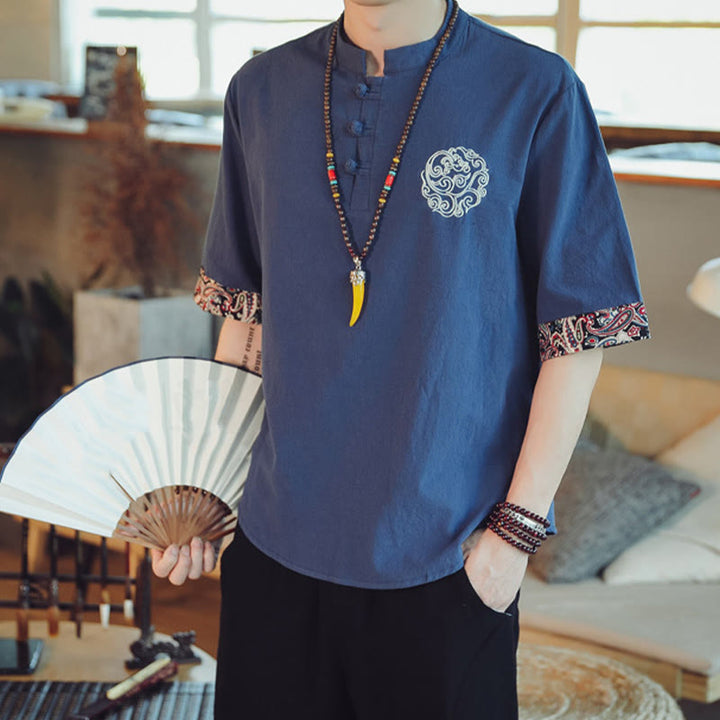 Buddha Stones Frog-Button Dragon Embroidery Chinese Tang Suit Short Sleeve Shirt Linen Men Clothing