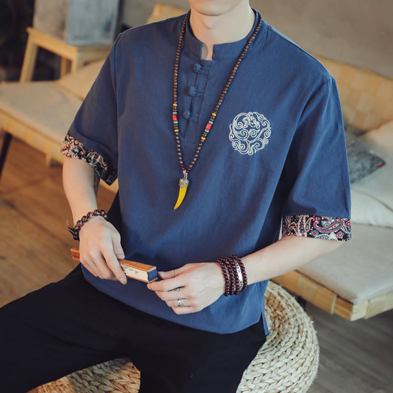 Buddha Stones Frog-Button Dragon Embroidery Chinese Tang Suit Short Sleeve Shirt Linen Men Clothing - image 39