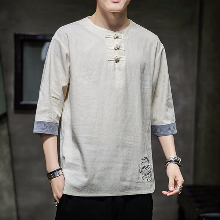 Buddha Stones Frog-Button Dragon Embroidery Chinese Tang Suit Three Quarter Sleeve Shirt Cotton Linen Men Clothing - image 8