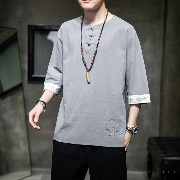 Buddha Stones Frog-Button Dragon Embroidery Chinese Tang Suit Three Quarter Sleeve Shirt Cotton Linen Men Clothing - image 18