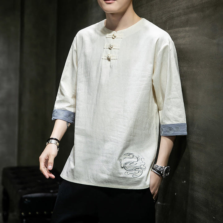 Buddha Stones Frog-Button Dragon Embroidery Chinese Tang Suit Three Quarter Sleeve Shirt Cotton Linen Men Clothing - Snow - US/UK/AU46，EU56 (5XL)  - image 0