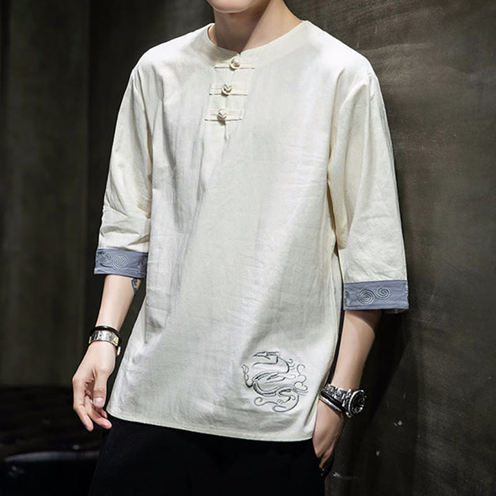 Buddha Stones Frog-Button Dragon Embroidery Chinese Tang Suit Three Quarter Sleeve Shirt Cotton Linen Men Clothing - image 4