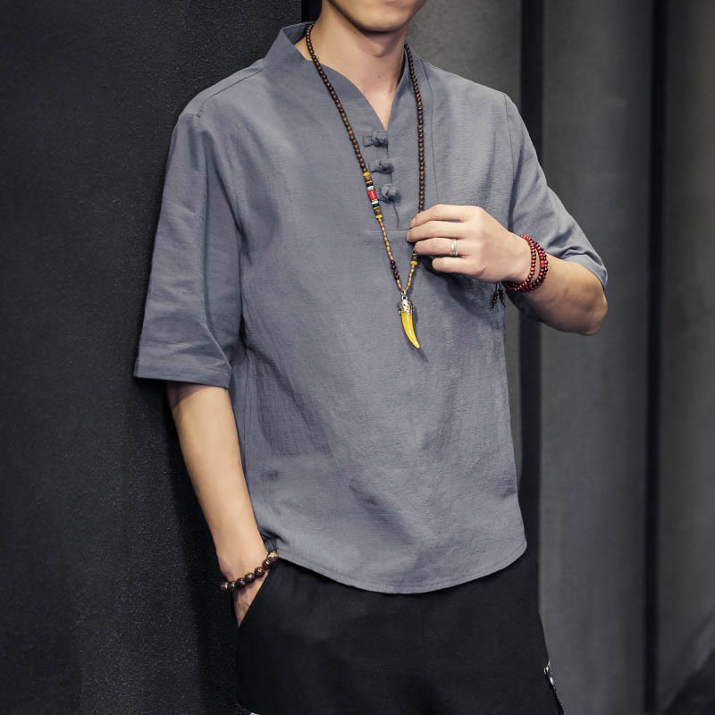 Buddha Stones Casual Summer Half Sleeve Shirt Cotton Men Clothing - Gray - US/UK/AU46，EU56 (5XL) - image 16