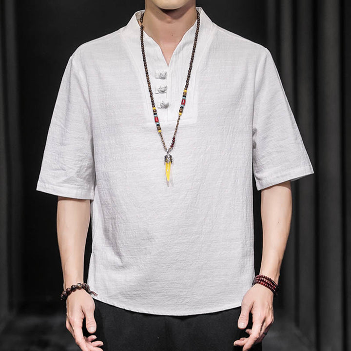 Buddha Stones Casual Summer Half Sleeve Shirt Cotton Linen Men Clothing