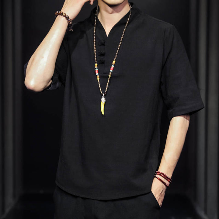 Buddha Stones Casual Summer Half Sleeve Shirt Cotton Men Clothing - image 11