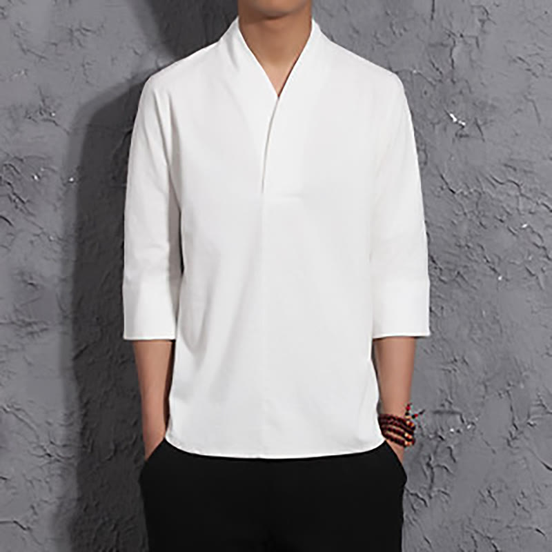 Buddha Stones Casual V-Neck Three Quarter Sleeve Shirt Cotton Linen Men Clothing - White - US/UK/AU46，EU56 (5XL) - image 2