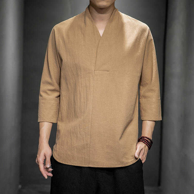 Buddha Stones Casual V-Neck Three Quarter Sleeve Shirt Cotton Linen Men Clothing - BurlyWood - US/UK/AU46，EU56 (5XL) - image 1