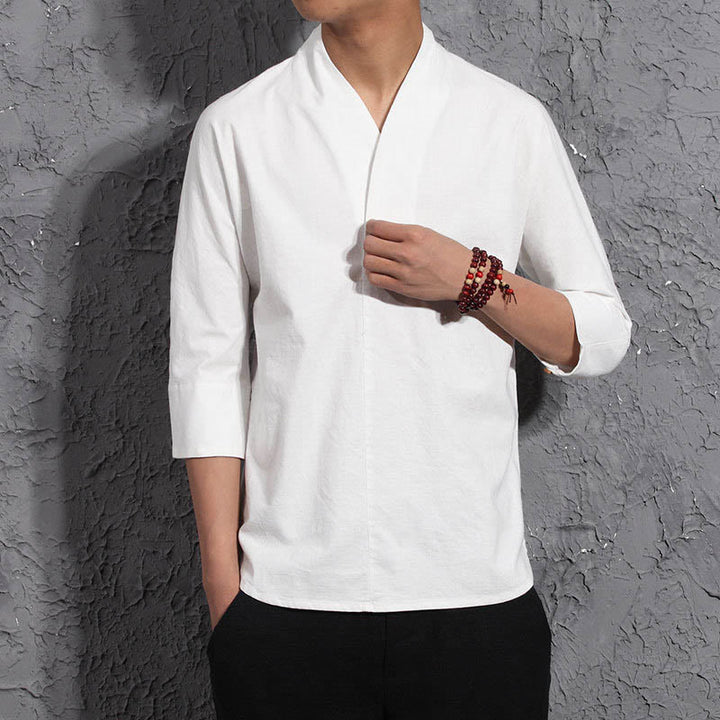 Buddha Stones Casual V-Neck Three Quarter Sleeve Shirt Cotton Linen Men Clothing