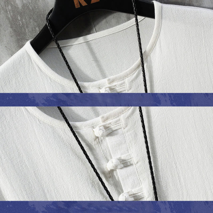 Buddha Stones Frog-Button Plain Color Chinese Tang Suit Half Sleeve Shirt Linen Men Clothing - image 2