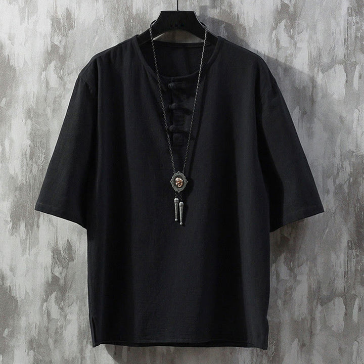 Buddha Stones Frog-Button Plain Color Chinese Tang Suit Half Sleeve Shirt Linen Men Clothing - Black - US/UK/AU46，EU56 (5XL)  - image 5
