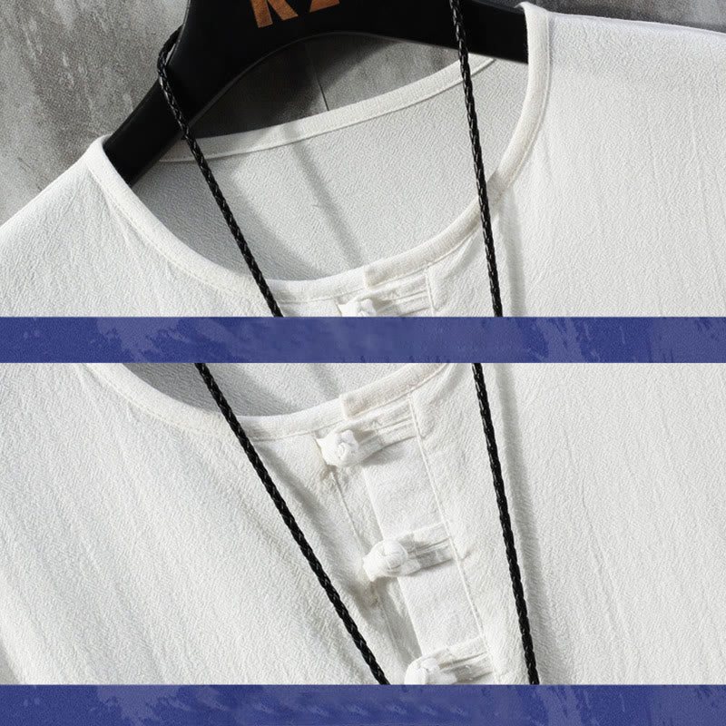 Buddha Stones Frog-Button Plain Color Chinese Tang Suit Half Sleeve Shirt Linen Men Clothing - image 3