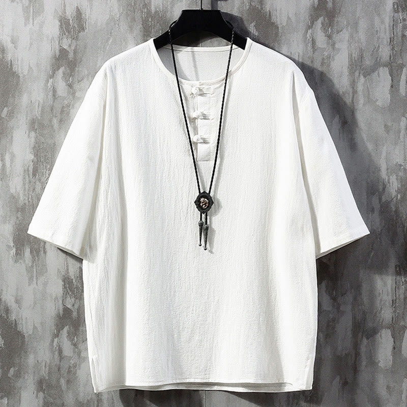 Buddha Stones Frog-Button Plain Color Chinese Tang Suit Half Sleeve Shirt Linen Men Clothing - White - US/UK/AU46，EU56 (5XL)  - image 2
