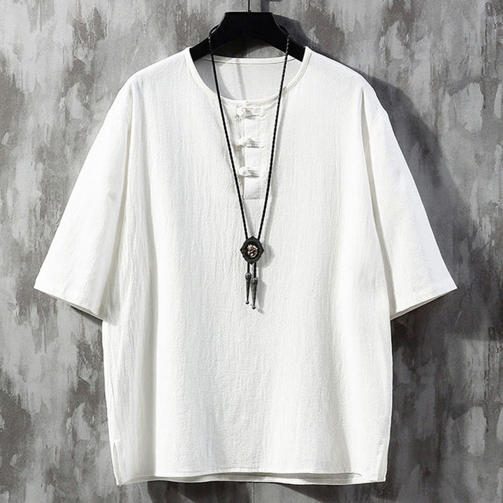 Buddha Stones Frog-Button Plain Color Chinese Tang Suit Half Sleeve Shirt Linen Men Clothing - White - US/UK/AU46，EU56 (5XL)  - image 2