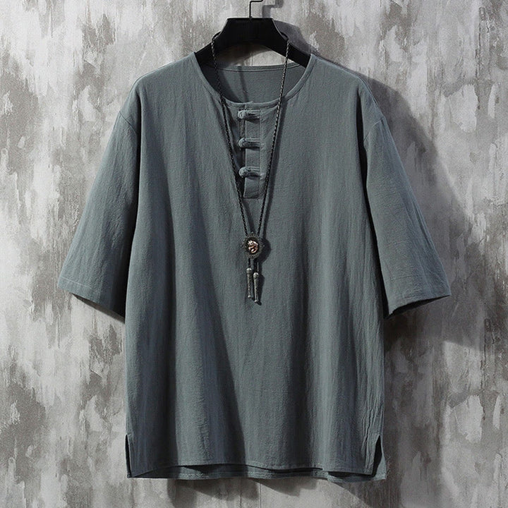 Buddha Stones Frog-Button Plain Color Chinese Tang Suit Half Sleeve Shirt Linen Men Clothing - LightSlateGray - US/UK/AU46，EU56 (5XL)  - image 1